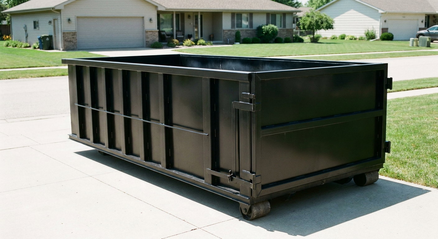Matte-black 10-yard roll-off dumpster on a residential concrete driveway in Fall River, uniformly painted matte black across every panel and rail, ribbed steel sidewalls and rear swing door visible, mid-day daylight.