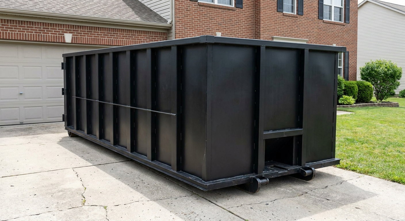 Matte-black 20-yard roll-off container on a Fall River residential concrete driveway with reinforced ribbed steel sidewalls and a hinged rear walk-in door, clean bright daylight.