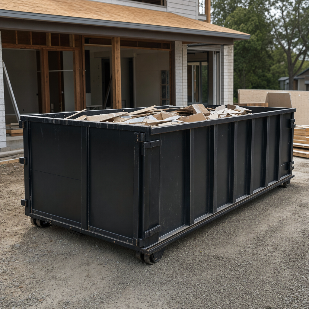 Large matte-black 30-yard construction roll-off dumpster at an active Fall River jobsite, steel-gray top rails and bottom rollers visible, loaded with construction debris.