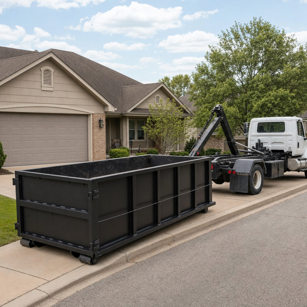 Wide documentary shot of a matte-black roll-off dumpster on a Fall River residential driveway in the foreground and a contractor jobsite container in the soft-focus background, bright daylight, calm and orderly composition.